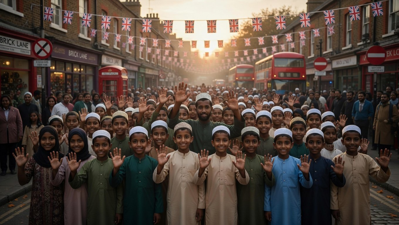 UK Eid al-Fitr 2026 street at dusk: glowing lanterns, crowds in traditional attire, gold text 'Eid al-Fitr 2026'