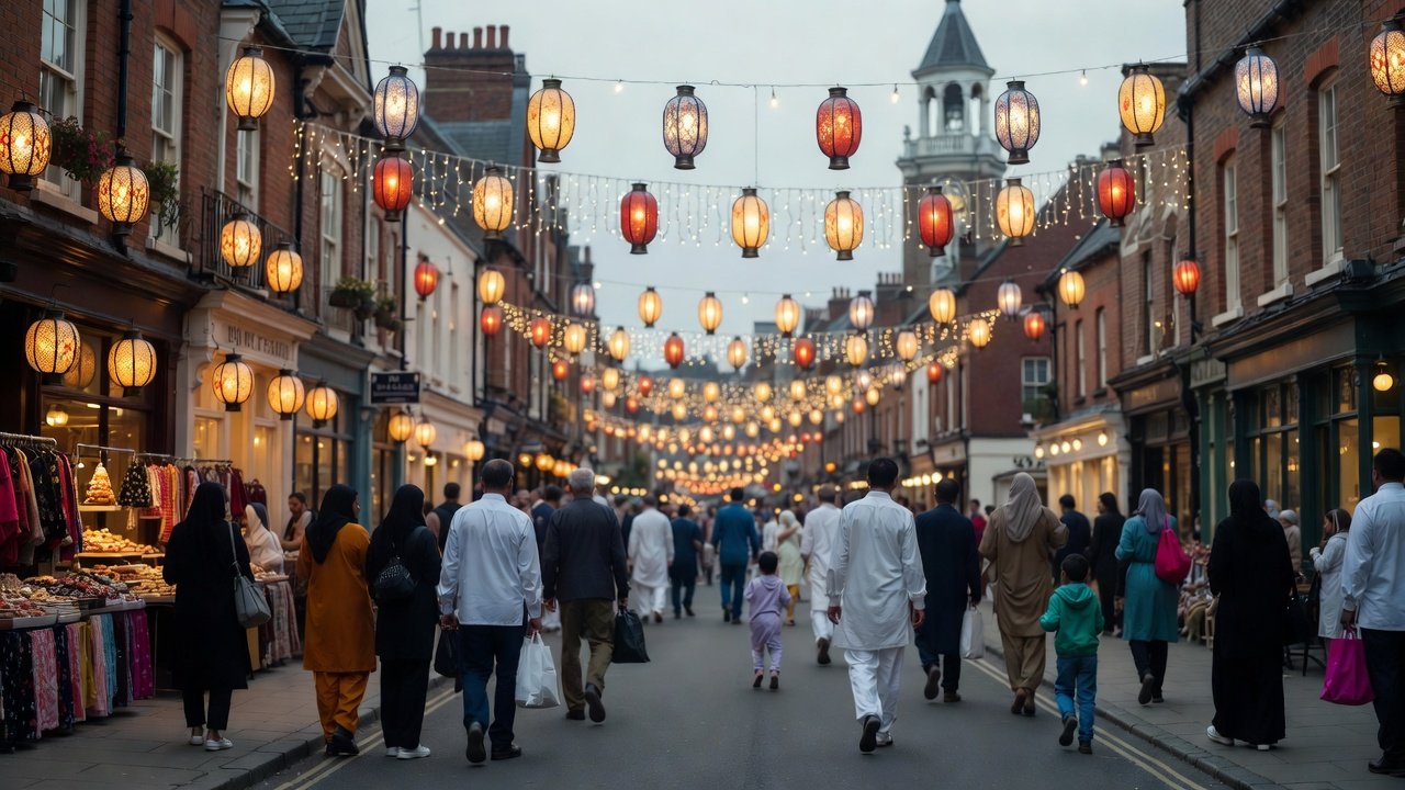 Joyful Muslim families and friends in traditional clothing celebrating Eid al-Fitr 2026 outdoors in the UK under hanging golden lanterns, with glowing 'Eid al-Fitr 2026' text in the sky.