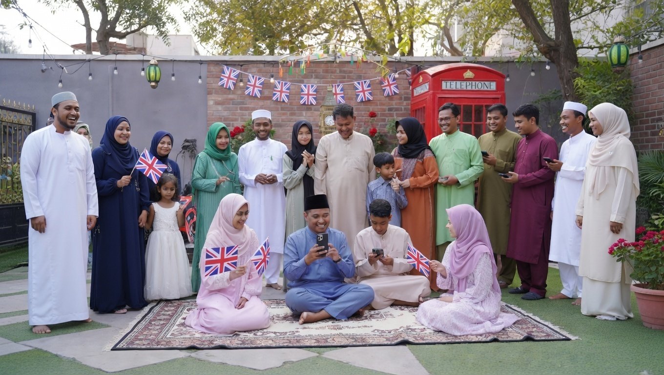 Bustling UK street celebrating Eid al-Fitr 2026 at dusk with glowing lanterns, fairy lights, crowds in traditional Muslim attire, market stalls, and gold text overlay 'Eid al-Fitr 2026'